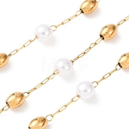 304 Stainless Steel Barrel Bead & ABS Plastic Pearl Round Bead Cable Chains CHS-G048-02G-1