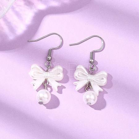 Bowknot ABS Plastic Imitation Pearl Dangle Earrings EJEW-JE06774-1