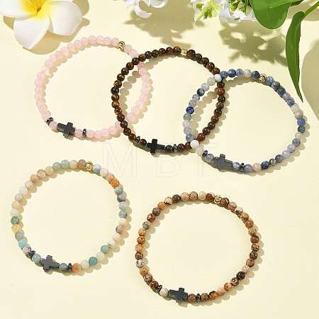 Non-magnetic Synthetic Hematite & Natural Mixed Gemstone Beaded Stretch Bracelets for Women Men BJEW-JB14012-1