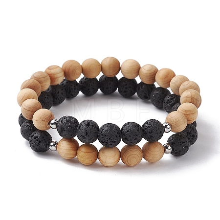 Natural Lava Rock & Wooden Round Beaded Stretch Bracelet BJEW-JB10075-02-1