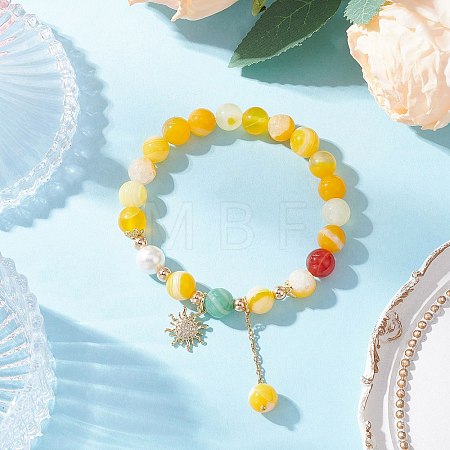 Natural Striped Agate Round Beaded Bracelets BJEW-JB11924-02-1