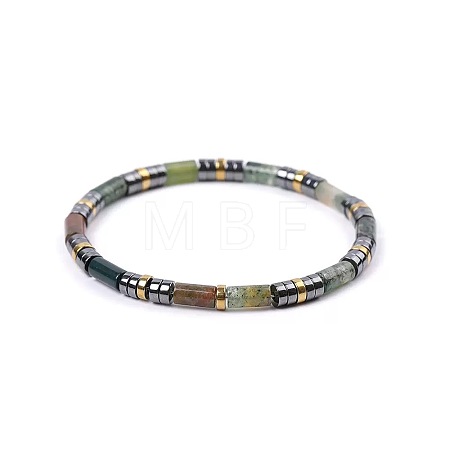 Bohemian Natural Indian Agate & Golden Synthetic Non-magnetic Hematite Beaded Stretch Bracelets for Women Men LS-NY1304-10-1