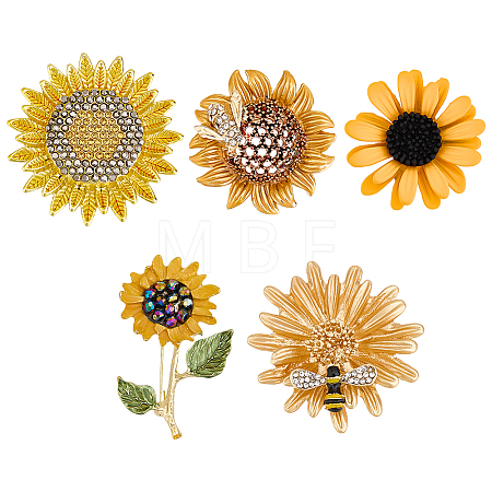 5Pcs 5 Styles Sunflower Alloy Rhinestone Lapel Pins for Backpack Clothes JEWB-OC0001-05-1