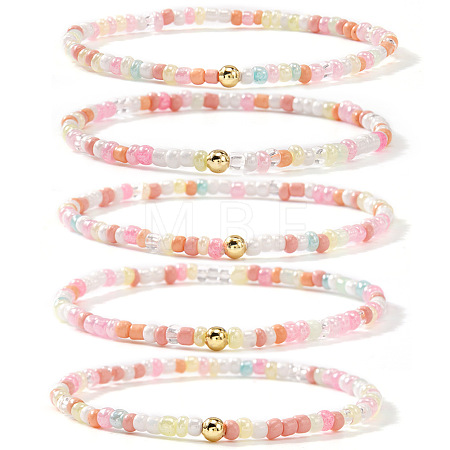 5Pcs Bohemian Glass Pearl & Brass Beaded Stretch Bracelets for Women ZZ9832-1-1
