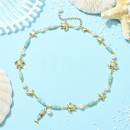 304 Stainless Steel Enamel & Shell Pearl & Natural Amazonite Pendant Necklaces NJEW-JN06621-1