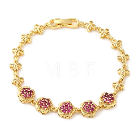 Medium Violet Red Cubic Zirconia Flower Link Bracelet BJEW-M296-03G-1