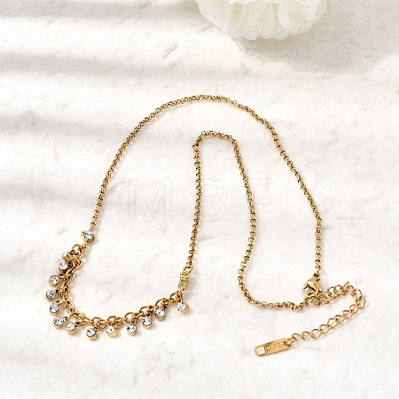 304 Stainless Steel Crystal Rhinestone Flat Round Tassel Pendant Rolo Chain Necklaces for Women NJEW-G199-05G-1