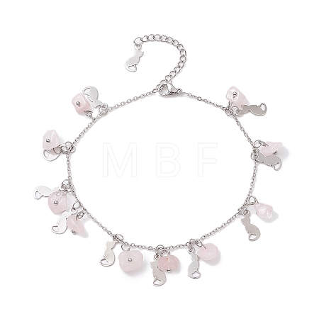 Natural Rose Quartz Chips & Cat Charms Anklet AJEW-AN00512-03-1