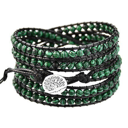 Adjustable Alloy Tree of Life Synthetic Malachite Round Beaded Wrap Bracelets for Women WGFA9D3-01-1