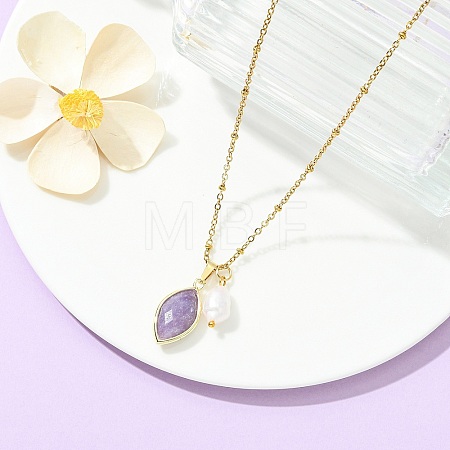 Natural Lepidolite Faceted Horse Eye & Natural Pearl Pendant 304 Stainless Steel Satellite Chain Necklaces for Women NJEW-JN06057-02-1