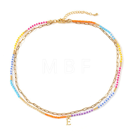 Colorful Glass Seed Beaded Initial Pendant Double Layer Necklaces QS3881-5-1