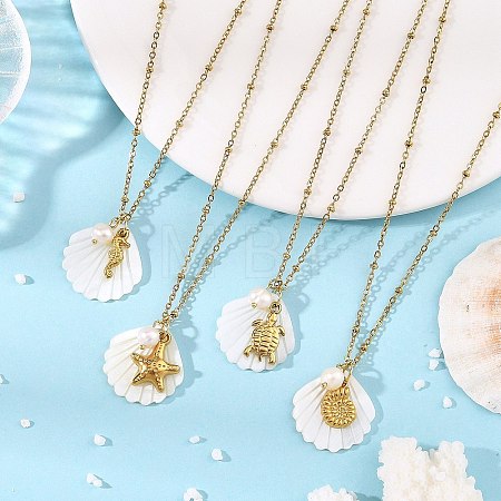 Summer Beach Natural Carved White Shell & 304 Stainless Steel Sea Animals Pendant Satellite Chain Necklaces NJEW-JN06505-1