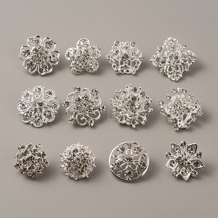 12Pcs 12 Style Rhinestone Flower Safety Pin Brooch JEWB-WH0029-25S-1