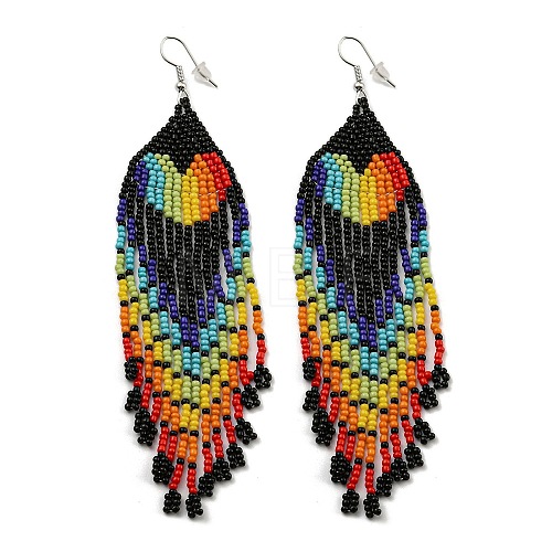 Boho Rainbow Color Seed Bead Heart Tassel Earrings EJEW-Q380-01B-1