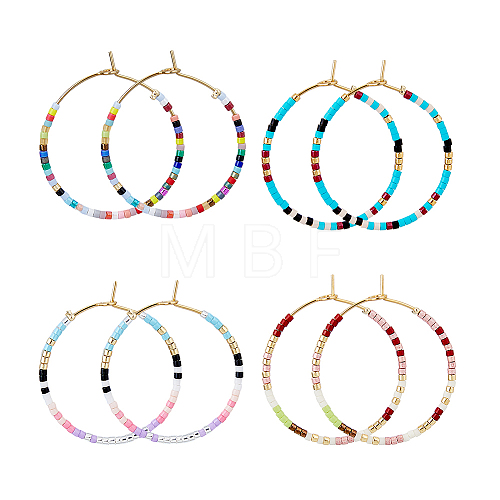 FIBLOOM 4 Pairs 4 Colors Bohemian Style Miyuki Seed Beaded Hoop Earrings EJEW-FI0001-83-1