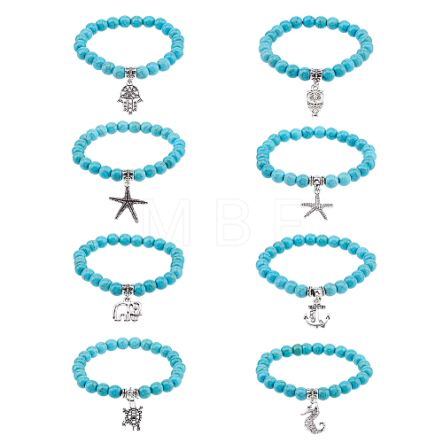 FIBLOOM 8Pcs 8 Style Synthetic Turquoise Round Beaded Stretch Bracelets Set with Alloy Charms BJEW-FI0001-83-1