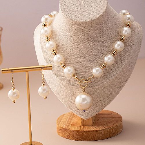 Plastic Imitation Pearl Round Beaded Pendant Necklaces & Dangle Earrings Sets for Women WGE733F-03-1