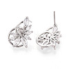 Flower Brass Micro Pave Clear Cubic Zirconia Stud Earrings Findings for Half Drilled Beads KK-T071-07P-3