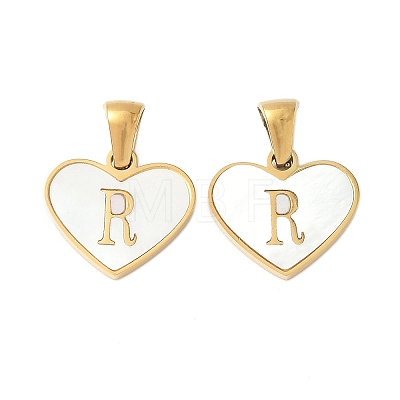304 Stainless Steel Pave Natural White Shell Heart with Initial Slice Pendants STAS-R168-25G-R-1
