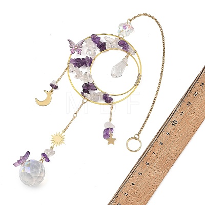 Natural Amethyst & Brass Ring Suncatcher with 304 Stainless Steel Sun Moon Star Charm HJEW-JM05009-01-1