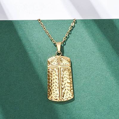 Texture Rectangle with Cross 304 Stainless Steel Pendant Necklaces NJEW-H059-12G-1