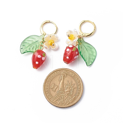 Lampwork Strawberry with Plastic Pearl Flower Dangle Leverback Earring EJEW-TA00130-1