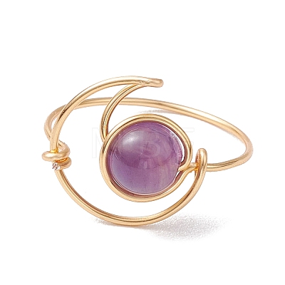 Round Natural Amethyst & Tiger Eye & Hemimorphite & Rainbow Moonstone Finger Rings RJEW-TA00144-1