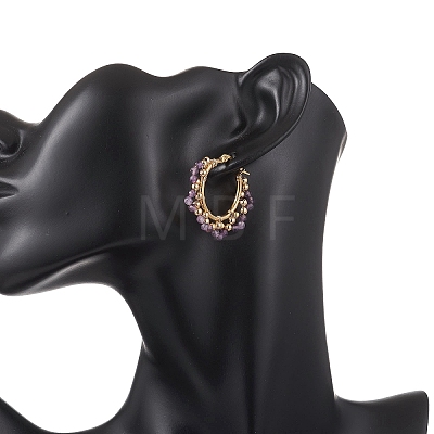 Brass Natural Amethyst Hoop Earrings EJEW-TA00782-03-1