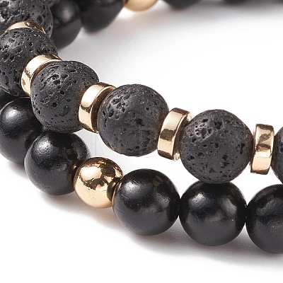 2Pcs 2 Style Natural Lava Rock & Wood & Synthetic Hematite Stretch Bracelets Set BJEW-JB08417-1