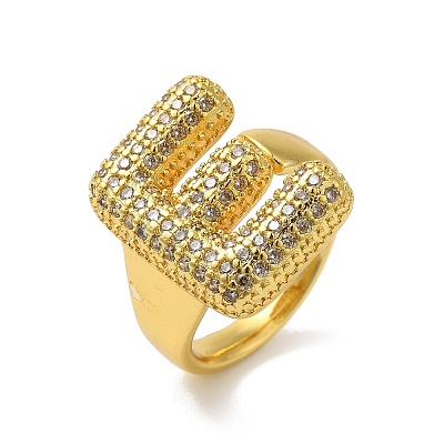 Letter Brass Micro Pave Clear Cubic Zirconia Open Cuff Ring for Women RJEW-N046-03E-G-1