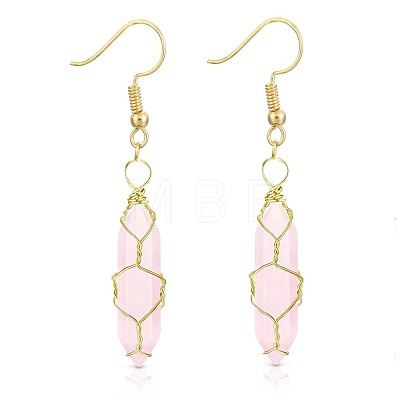 Rose Quartzl Hexagon Handmade Copper Wire Wrapped Earrings Natural Stone Column Earrings ND6138-2-1