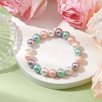 8mm Round Polished Shell Pearl Stretch Bracelets BJEW-JB10878-01-1