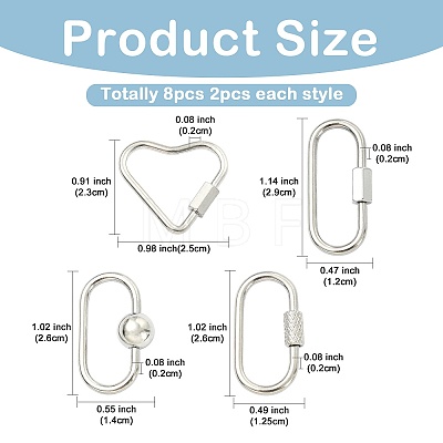 8Pcs 4 Styles 304 Stainless Steel Screw Carabiner Lock Charms STAS-FS0002-38-1