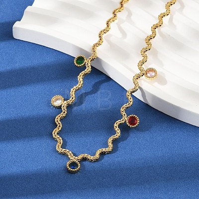 304 Stainless Steel Rope Chain Colorful Cubic Zirconia Tassel Necklaces for Women NJEW-V015-01G-D-1