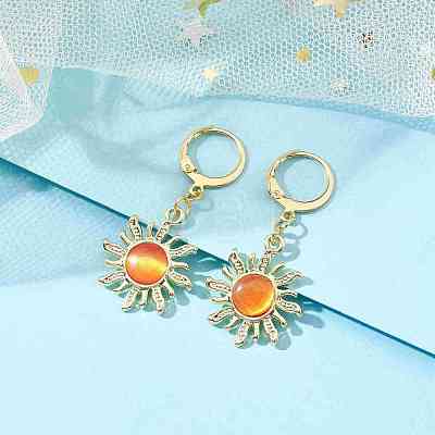 Golden Alloy Sun Shape Dangle Leverback Earrings with Cat Eye EJEW-JE05587-03-1