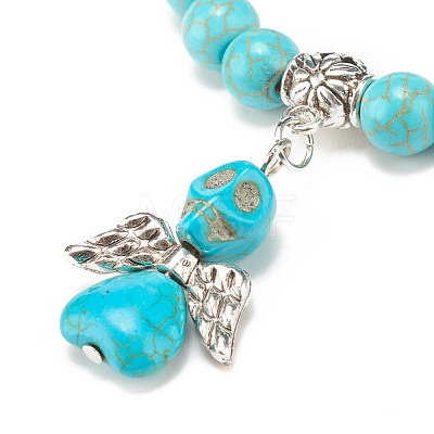 Synthetic Turquoise(Dyed) Beaded Stretch Bracelet with Skull Charm BJEW-JB08286-02-1