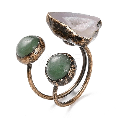 Nuggets Natural Druzy Agate & Green Aventurine Open Cuff Rings RJEW-A041-02R-1