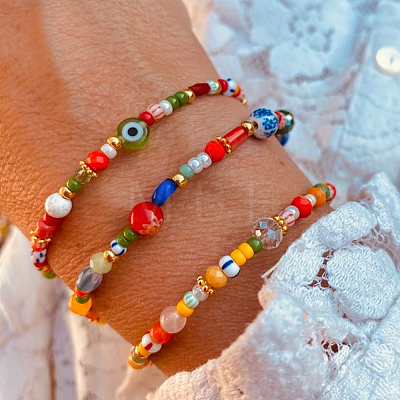 3Pcs 3 Styles Bohemian Handmade Lampwork & Glass Evil Eye Beaded Stretch Bracelet Sets JV1466-1