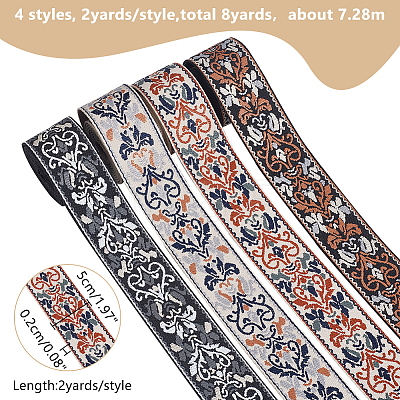WADORN 8 Yards 4 Styles Ethnic Style Double-Sided Flower Polyester Ribbon DIY-WR0003-58-1