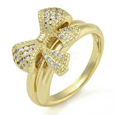 Bowknot Brass Micro Pave Clear Cubic Zirconia Open Cuff Double Rings RJEW-Z046-04G-01-1