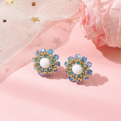 Flower Glass Seed Beaded with Natural Mashan Jade Stud Earrings for Women EJEW-MZ00208-01-1
