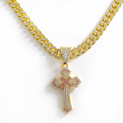 Hiphop Style Zinc Alloy Full Crystal & Rose Rhinestone Religion Cross Pendant Cuban Link Chain Necklaces for Men WG1F4FB-04-1