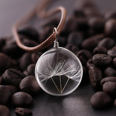Flat Round Clear Glass Inner Dandelion Pendant Imitation Leather Cord Necklaces for Women FS-WG7DEC0-01-1