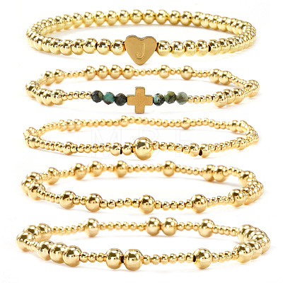 5Pcs Brass & Natural African Turquoise(Jasper) Beads Stretch Bracelets for Women BK1359-5-1