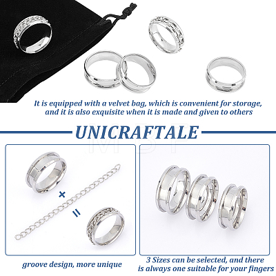 Unicraftale 18Pcs 3 Size 201 Stainless Steel Grooved Finger Ring Settings STAS-UN0042-68-1