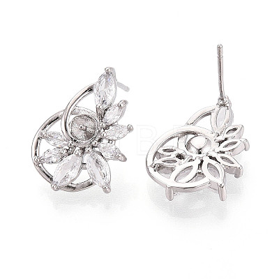 Flower Brass Micro Pave Clear Cubic Zirconia Stud Earrings Findings for Half Drilled Beads KK-T071-07P-1