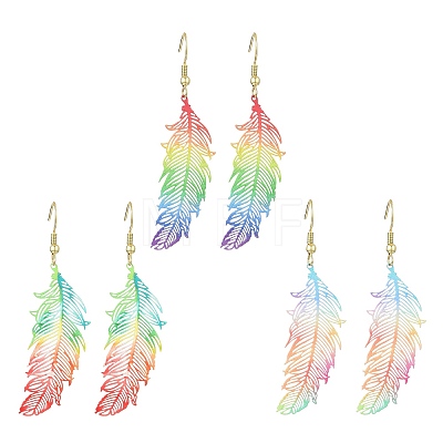 3 Pairs Feather Spray Painted 430 Stainless Steel Dangle Earrings EJEW-JE07003-1