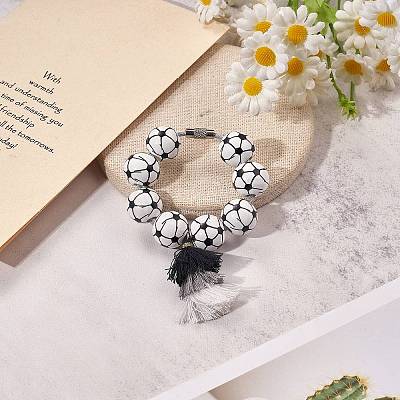 Football Wood Beads Pendant Decoration HJEW-SW00116-1