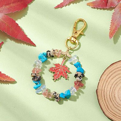 Natural & Synthetic Gemstone Chips Beads & Maple Leaf Alloy Enamel Pendant Decoration KEYC-JKC01018-1