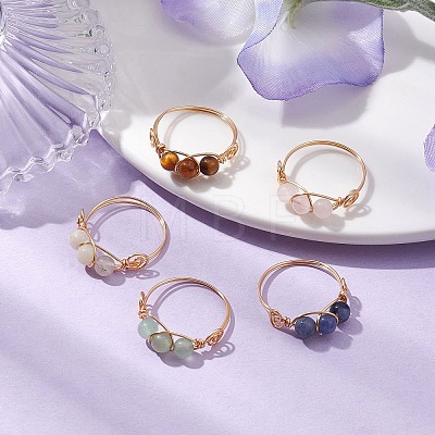 Round Natural Green Aventurine & Tiger Eye & White Moonstone & Sodalite & Rose Quartz Finger Rings RJEW-JR00720-1